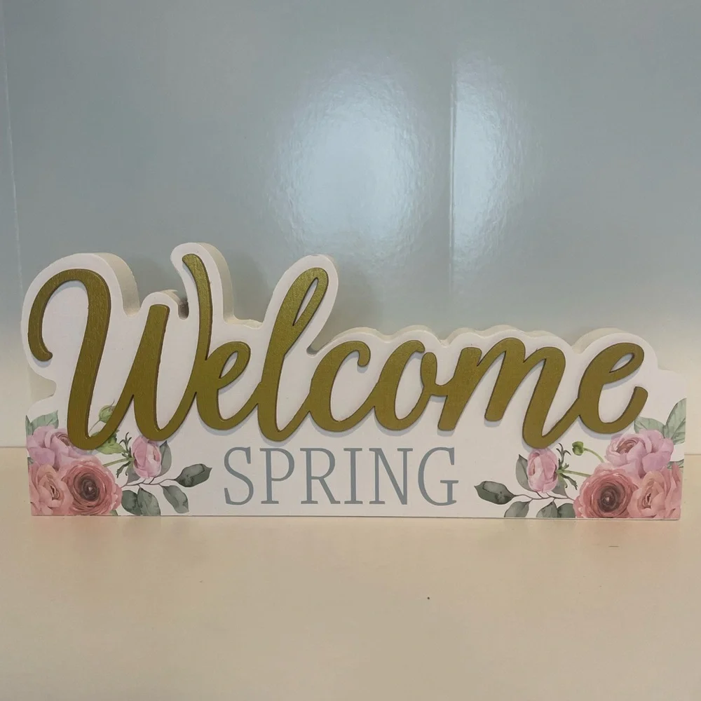 Gold and Pink Floral Spring Welcome Sign, Tabletop Decor, Shelf Decor - Picture 3 of 4
